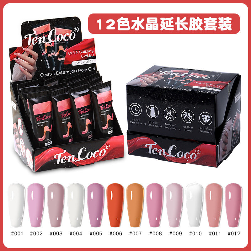 Cross-border Extension Glue Set 12-Color Paper-Free Quick Nail Extension Gel 15ml Nail Art Crystal Extension Glue