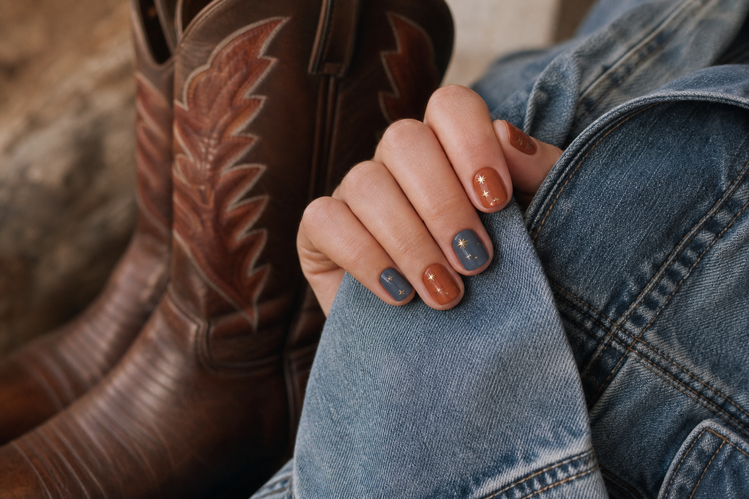 Cowgirl nails with denim blue, terracotta, and small star details