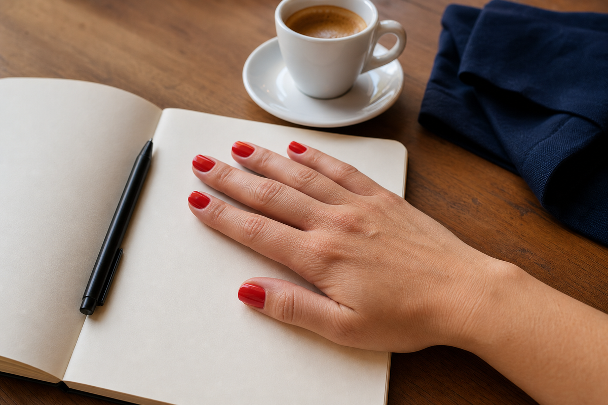 Right hand with short tomato-red Italian manicure nails on a cream notebook