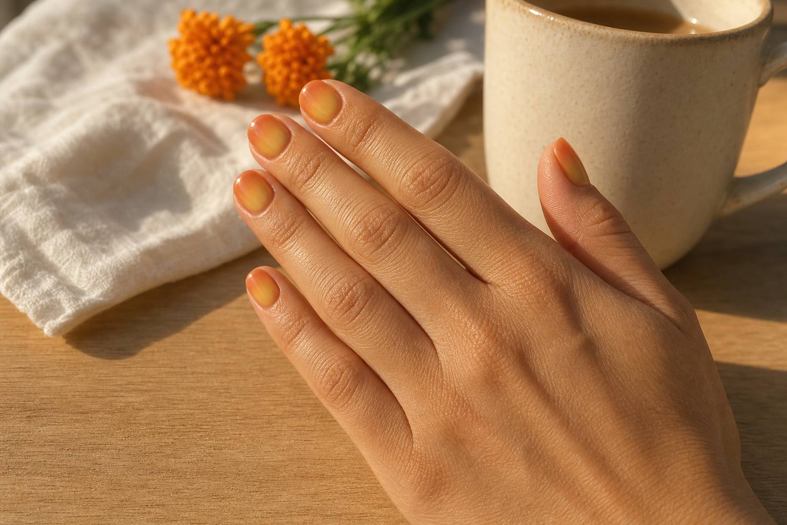 Right hand with short marigold aura nails beside a cream coffee cup