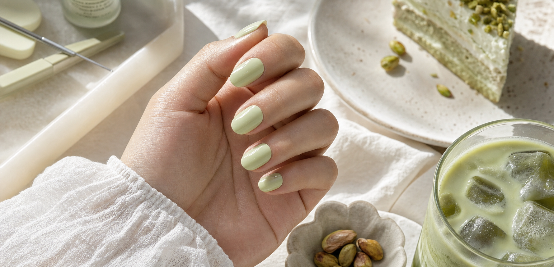 Pistachio milk gel nails for a summer DIY manicure