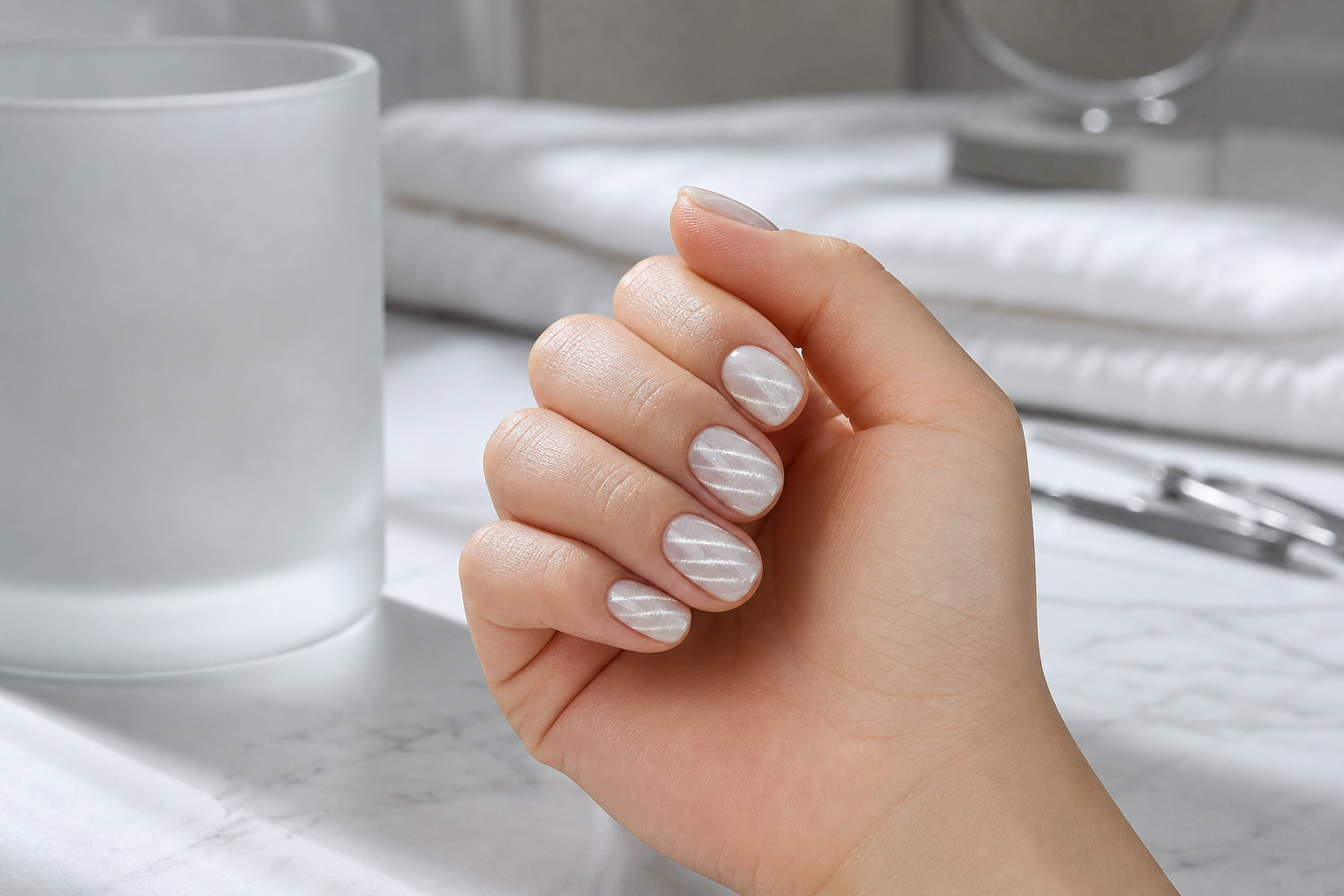 Frosted glass gel nails with a soft summer shimmer finish