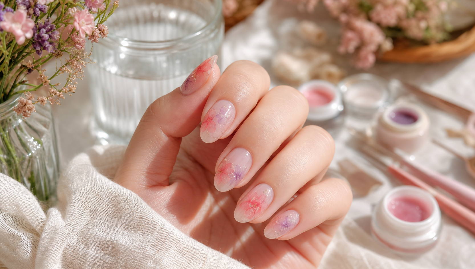 Soft blooming gel nail art with delicate summer floral effects