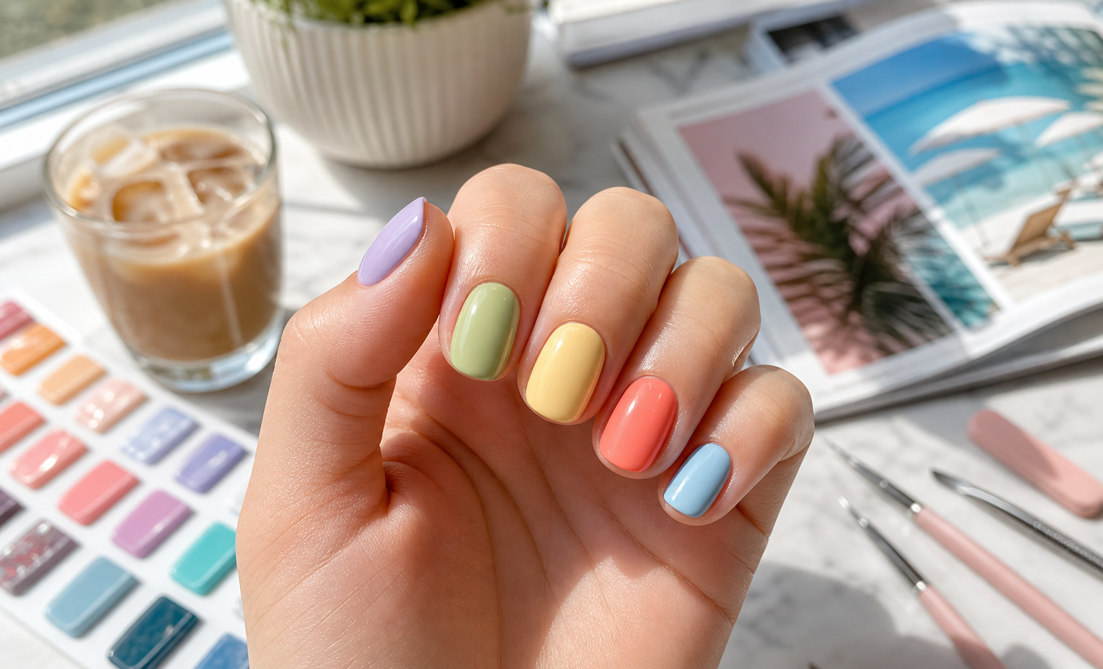 July summer gel nail color palette with pale purple pistachio coral and blue shades