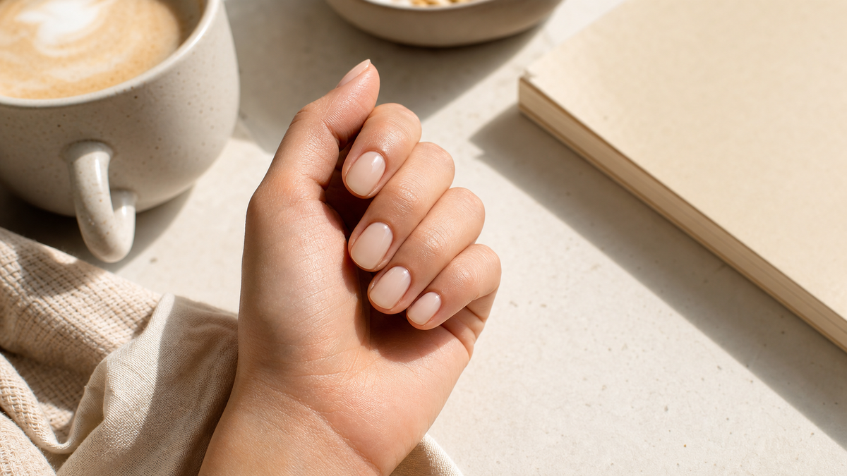 Almond milk nails in warm morning light with glossy sheer nude nails beside a latte and cream notebook