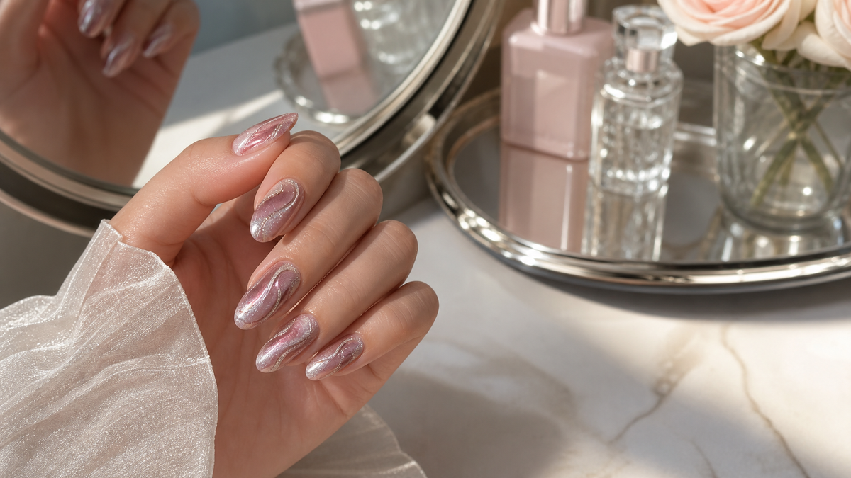 Cat eye swirl nails with glossy pink-silver magnetic shimmer beside a mirrored vanity tray in soft afternoon light