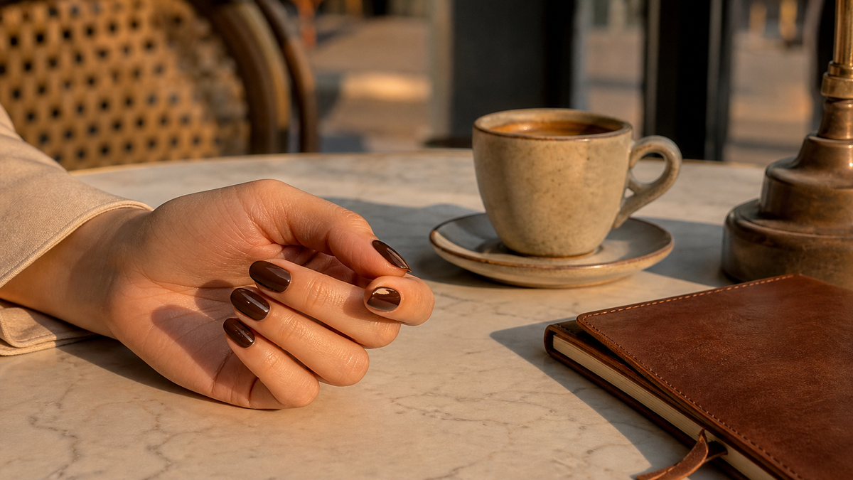 Espresso nails with a glossy rich brown manicure beside a small coffee cup and leather notebook in late-afternoon light