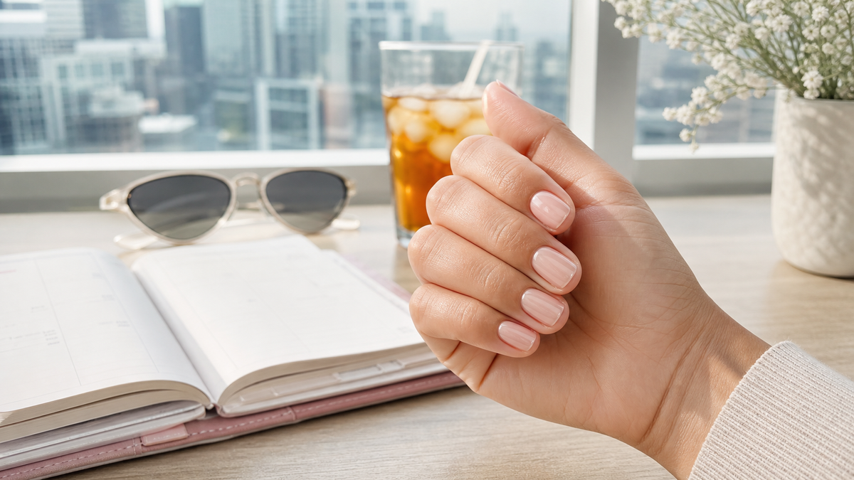 Short gel nails in soft daylight with a neat glossy everyday manicure beside a planner and iced tea
