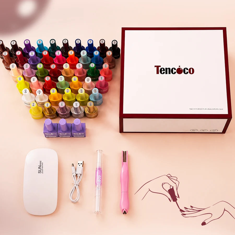 Tencoco gel polish kit with 45 colors, mini UV lamp, magnet, and nail tools