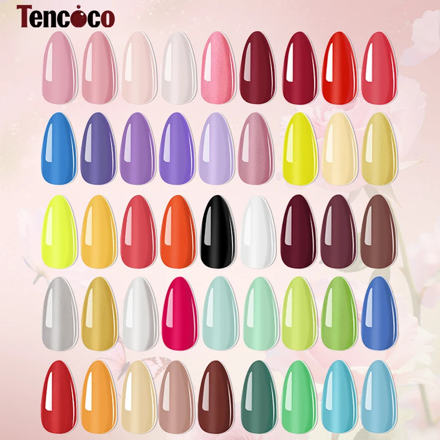 Tencoco gel nail polish color chart with 45 glossy, glitter, and cat-eye shades