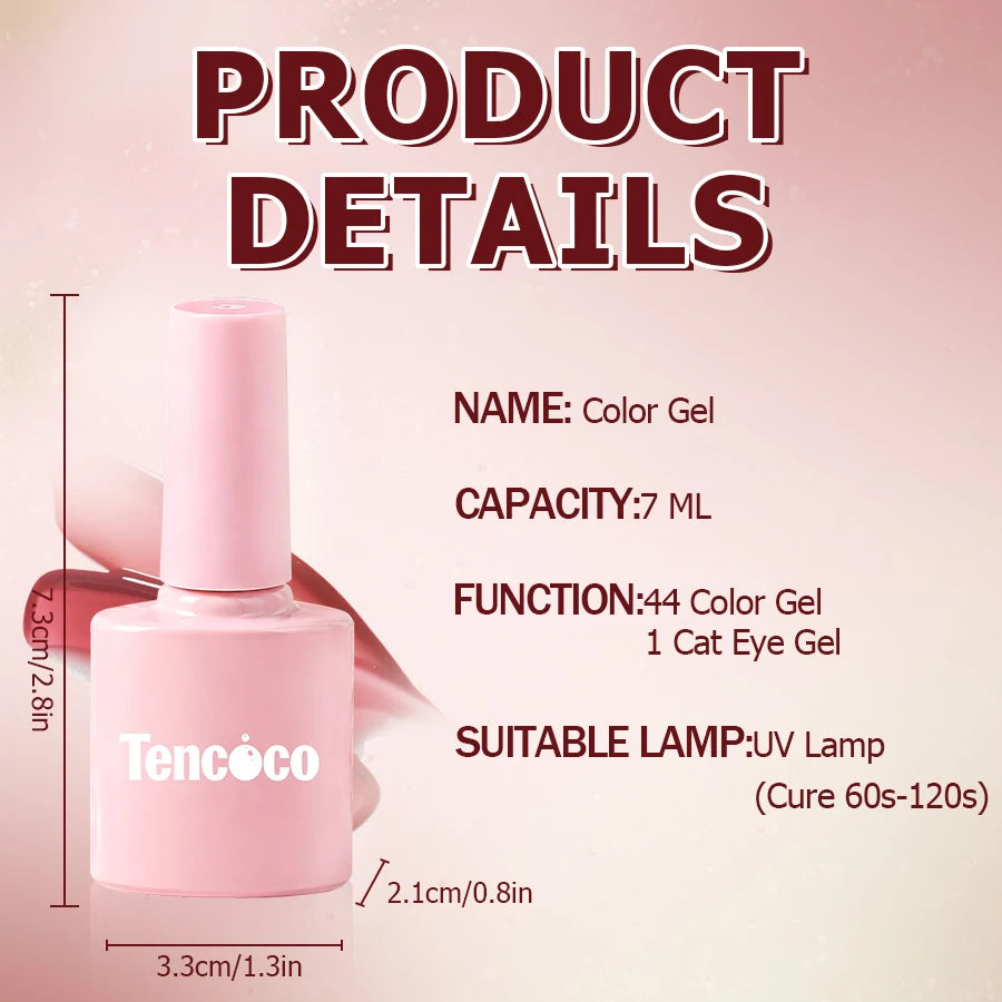 Tencoco 7 ml color gel polish bottle size and curing details