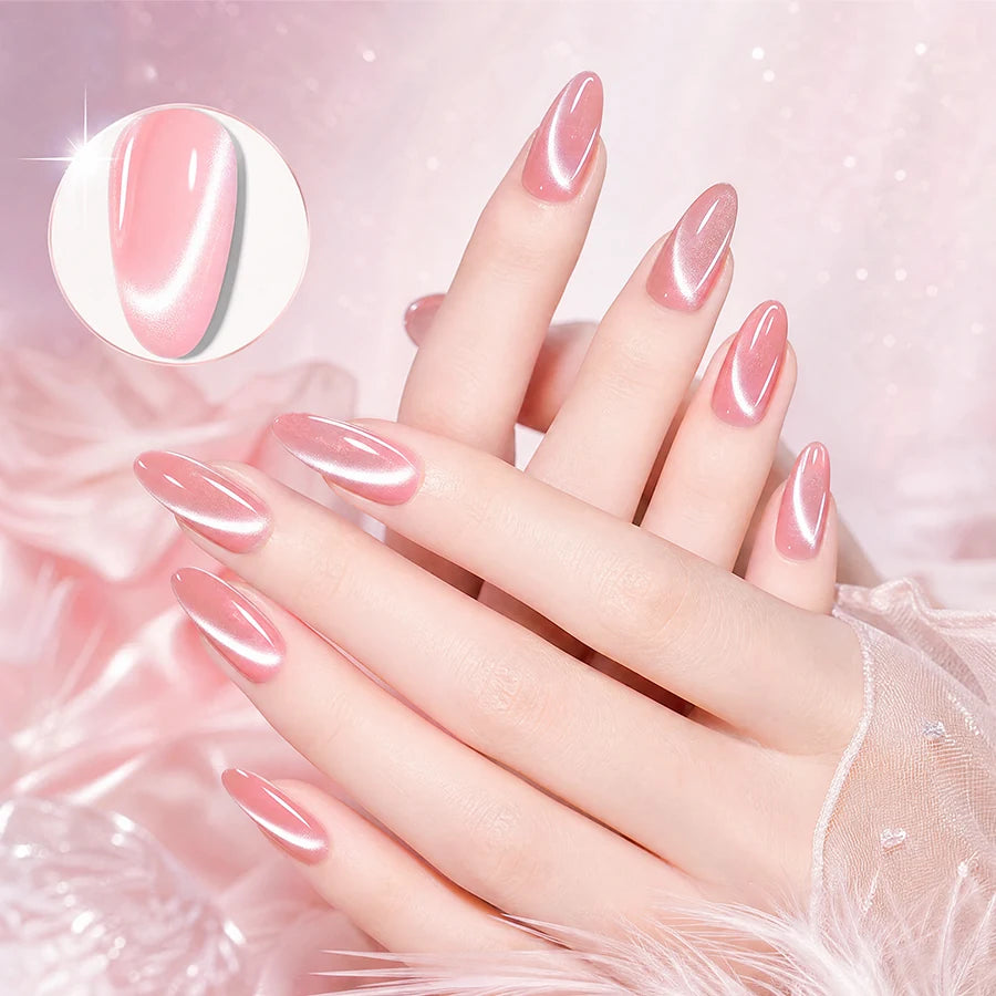 Pink cat-eye gel manicure with glossy magnetic shimmer