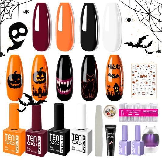 Tencoco 251-Piece Halloween Limited Gel Nail Polish Set Classic 4-Color Gel Polish Kit with Crystal Top Coat & UV Light
