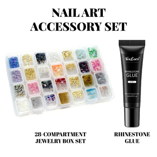 Tencoco 3D Nail Charms Set 28 Nail Art Decorations with Storage Box & 15ml Multi-Nail Glue