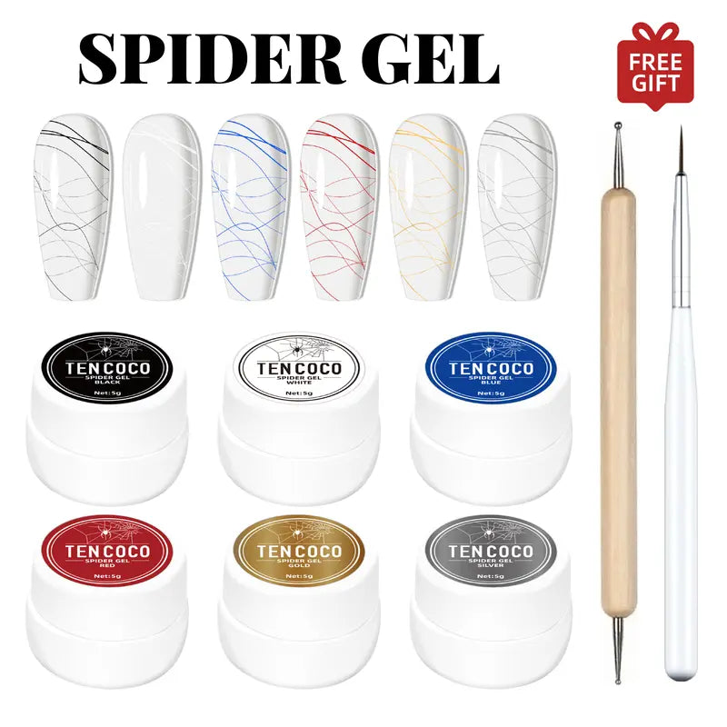 Tencoco Spider Gel Nail Art Set 6-Color Spider Gel Polish Kit with Liner Brush & Dotting Pen