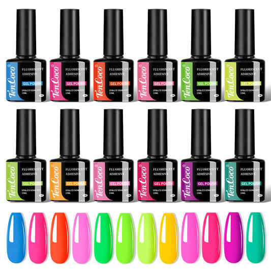 Cross-border explosive dopamine fluorescent candy color phototherapy nail glue 12-color dazzling fluorescent color nail polish color glue set