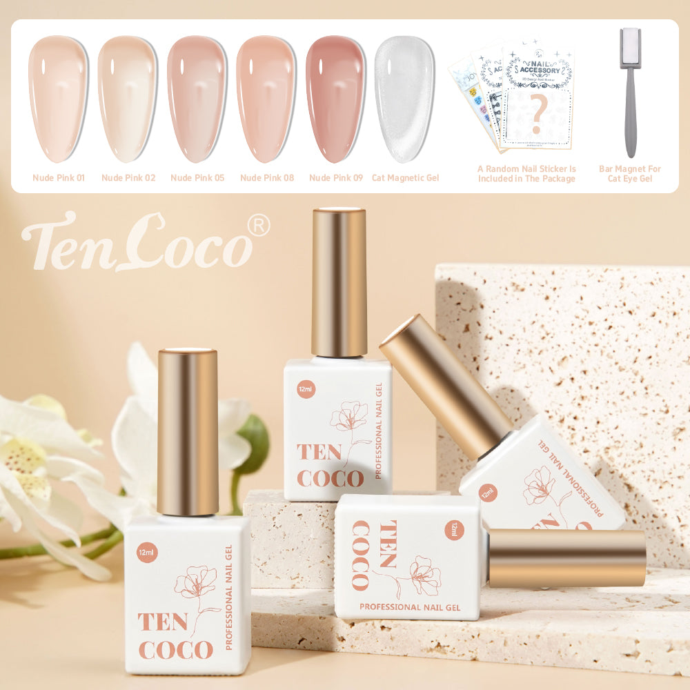 Tencoco 5 nude gel colors and cat eye gel kit for DIY manicures