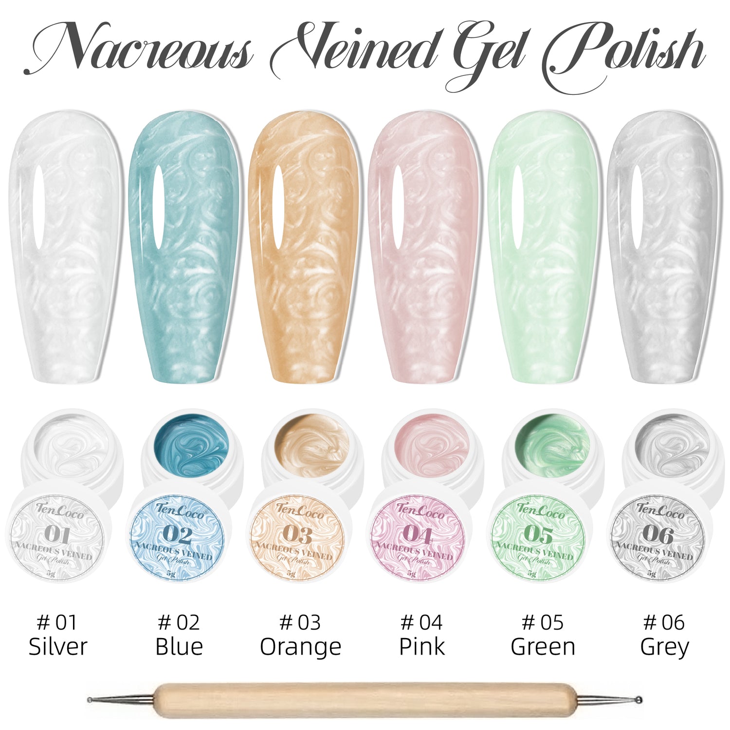 Tencoco 6 color pearl veined gel set for textured nail designs