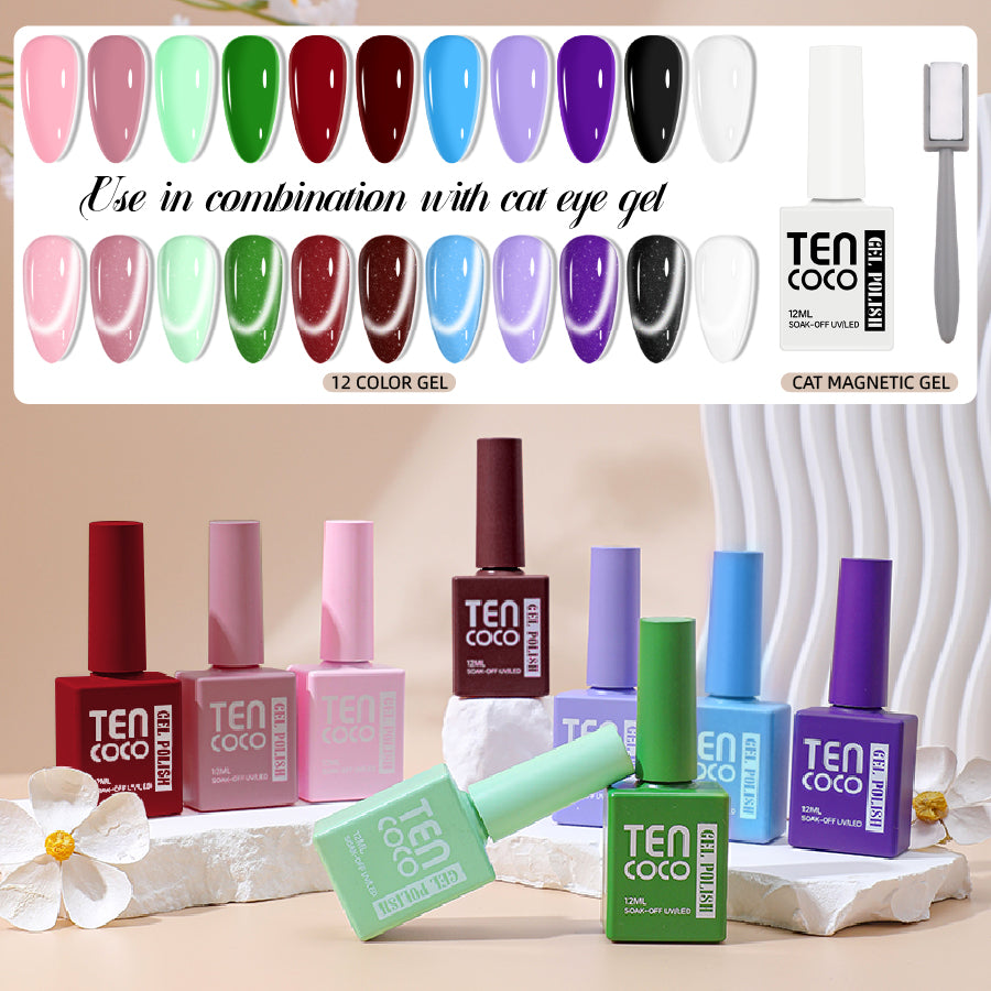 Tencoco gel polish kit with 11 colors and transparent cat eye gel