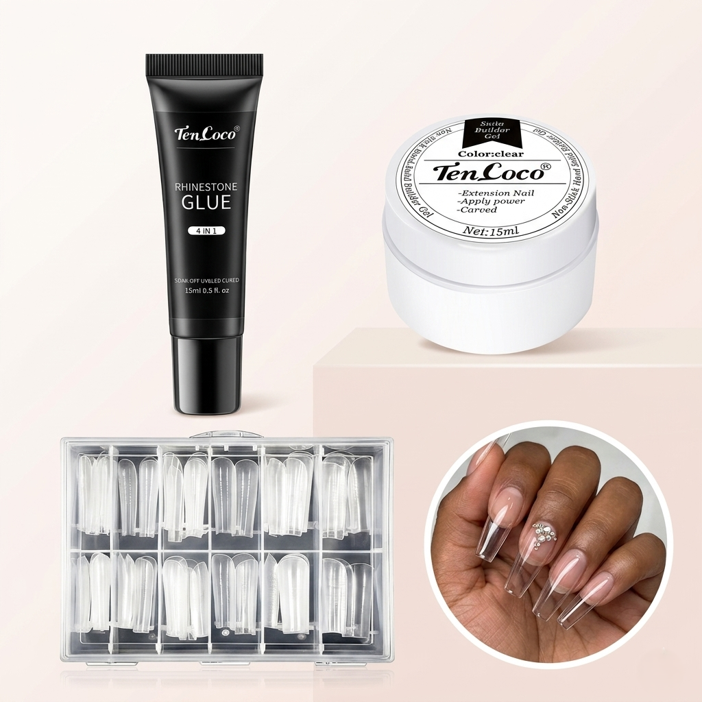 Tencoco press-on almond nails kit with mini UV lamp and nail glue