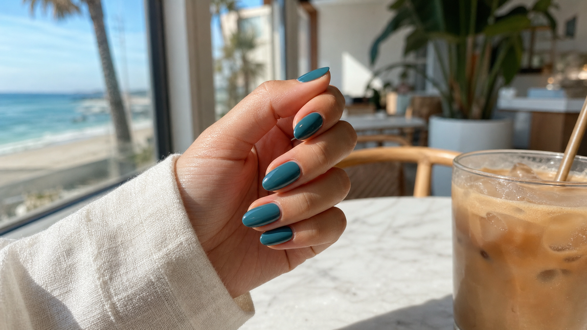 Glossy teal gel nails in a bright summer cafe setting by the coast
