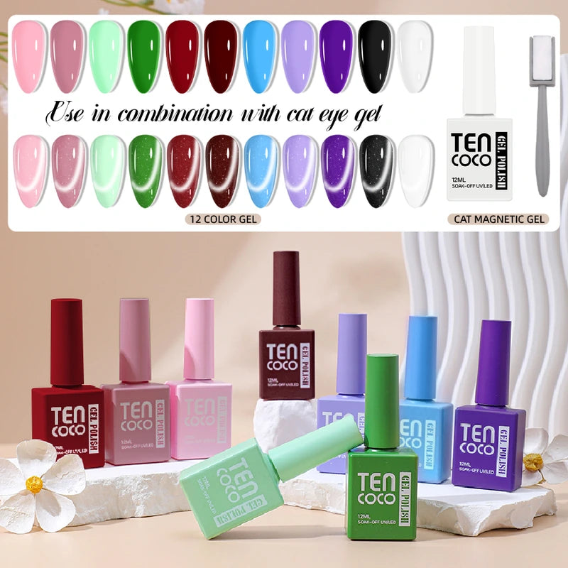 Gel Nail Kit – 12 Colors 12ml with Crystal Cat Eye for DIY Nails