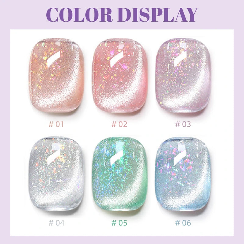 Cat Eye Gel Nail Polish Set – 6 Magnetic Colors with Reflective Glitter & Dual-Ended Magnet